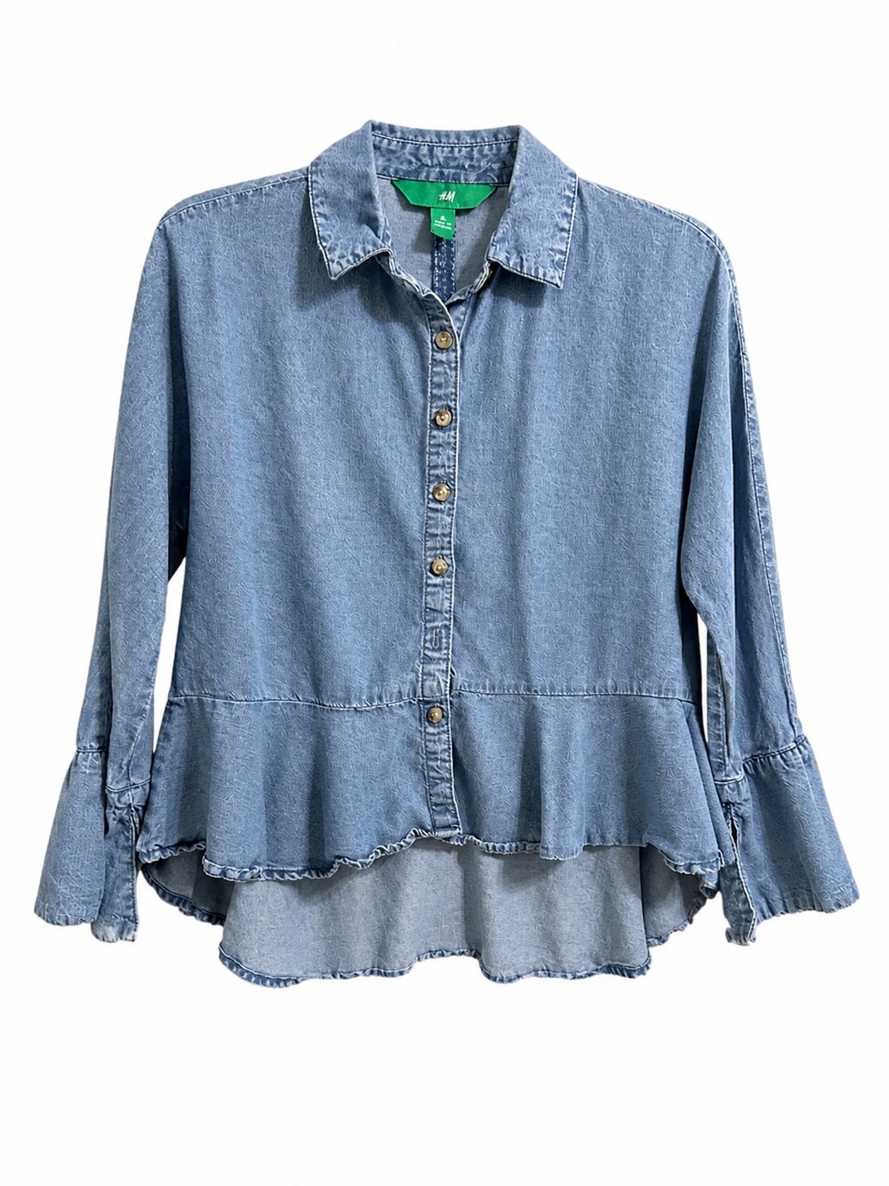 Blue Ruffle-Hem Denim Button-Down Shirt